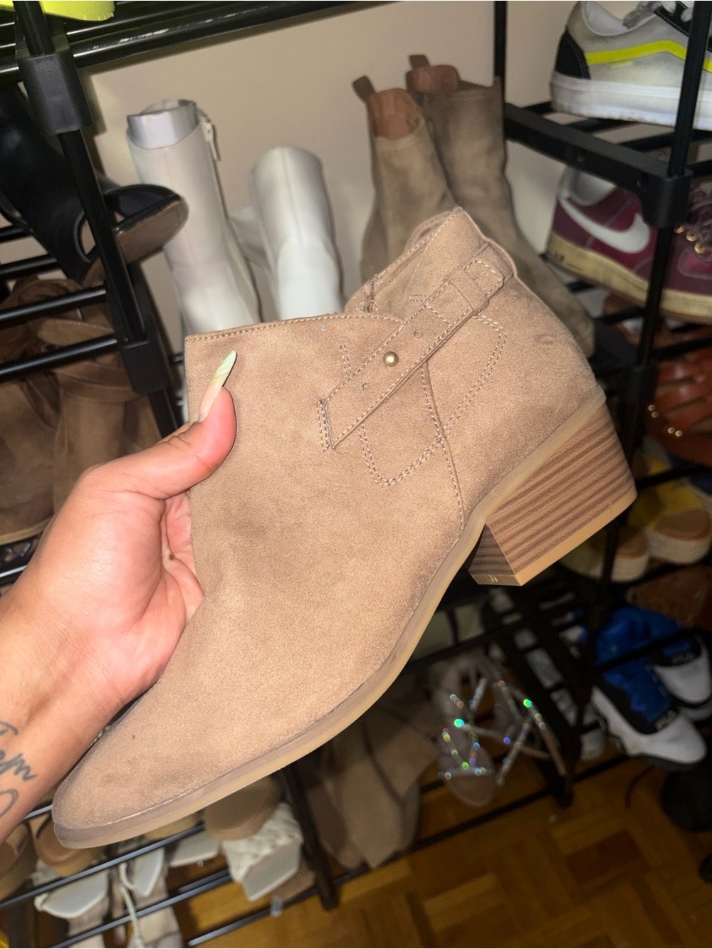 Old Navy Taupe Suede Ankle Booties with Stacked Heel